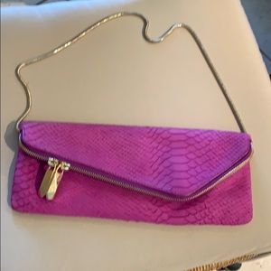 Henri Bendel clutch handbag suede snakeskin fushia